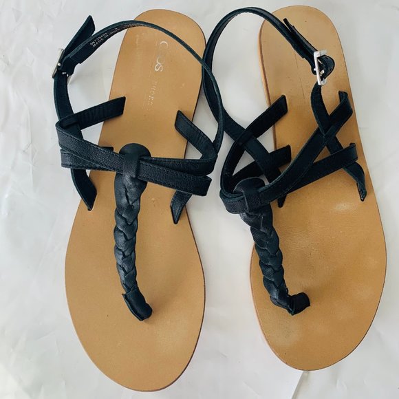 Asos Black Leather Ankle Strap Flip Flop Sandals - Picture 2 of 6